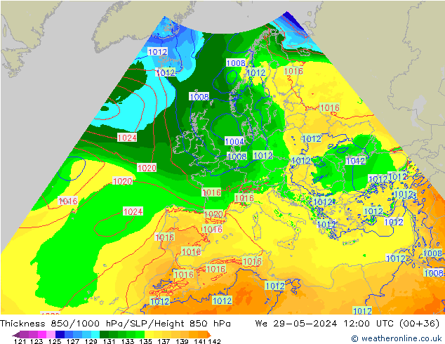 850-1000 hPa Kalınlığı Arpege-eu Çar 29.05.2024 12 UTC