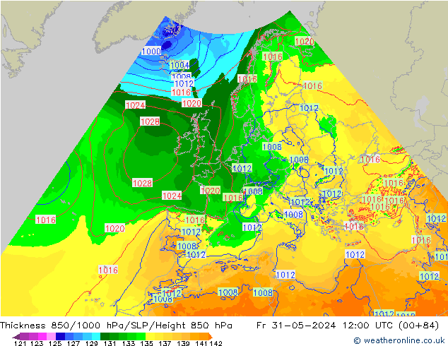 Espesor 850-1000 hPa Arpege-eu vie 31.05.2024 12 UTC