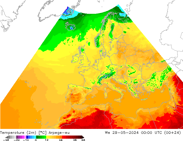 Temperaturkarte (2m) Arpege-eu Mi 29.05.2024 00 UTC
