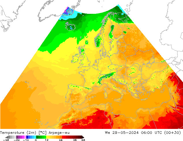 Temperatura (2m) Arpege-eu Qua 29.05.2024 06 UTC