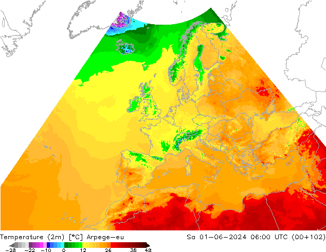Temperatuurkaart (2m) Arpege-eu za 01.06.2024 06 UTC