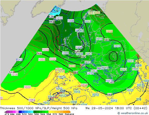 Schichtdicke 500-1000 hPa Arpege-eu Mi 29.05.2024 18 UTC