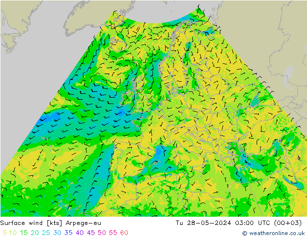 Surface wind Arpege-eu Tu 28.05.2024 03 UTC