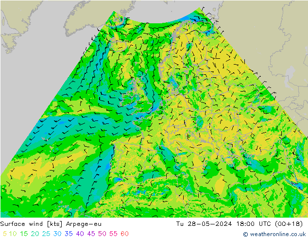 wiatr 10 m Arpege-eu wto. 28.05.2024 18 UTC