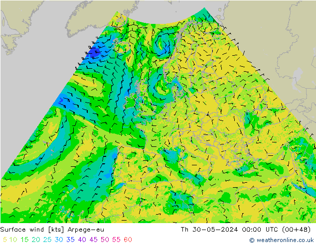 Viento 10 m Arpege-eu jue 30.05.2024 00 UTC