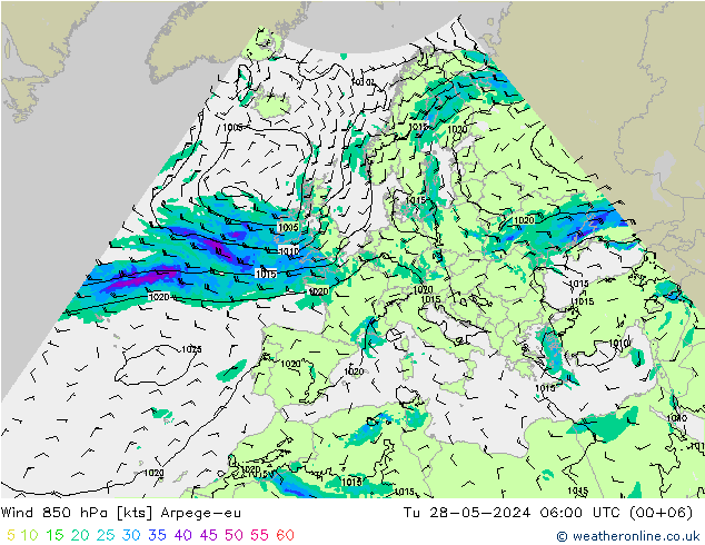 Wind 850 hPa Arpege-eu Di 28.05.2024 06 UTC