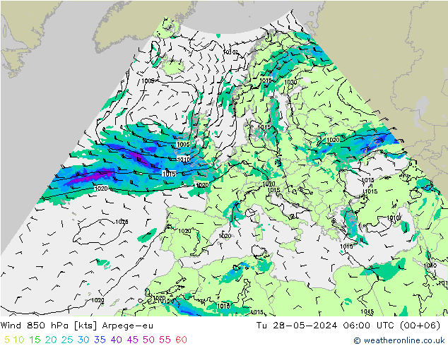 ветер 850 гПа Arpege-eu вт 28.05.2024 06 UTC