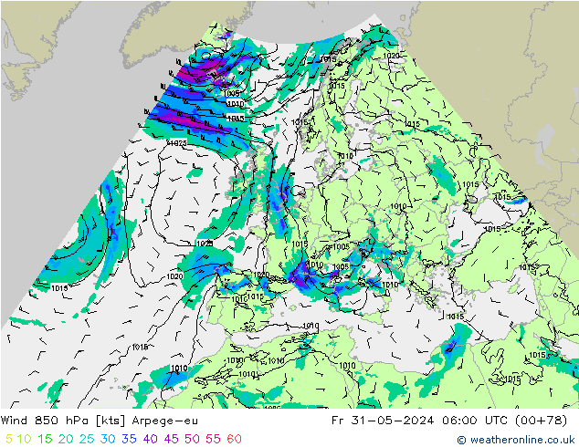 Wind 850 hPa Arpege-eu Fr 31.05.2024 06 UTC