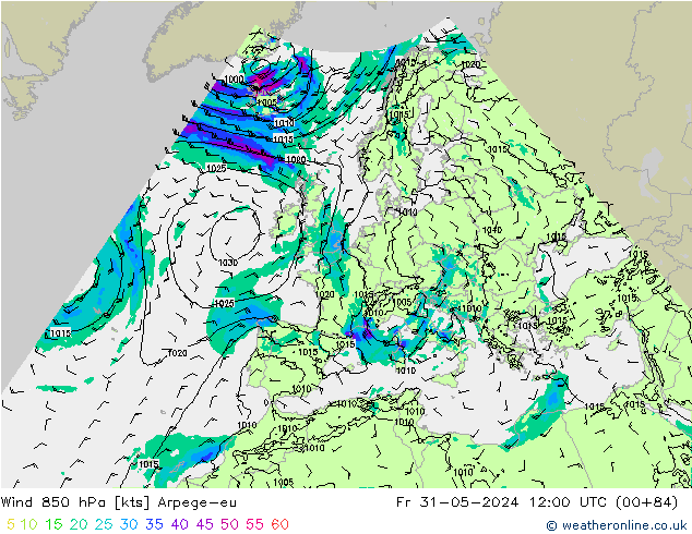 Wind 850 hPa Arpege-eu Fr 31.05.2024 12 UTC