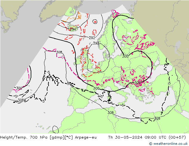 Geop./Temp. 700 hPa Arpege-eu jue 30.05.2024 09 UTC