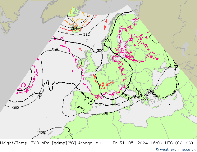 Height/Temp. 700 hPa Arpege-eu Sex 31.05.2024 18 UTC