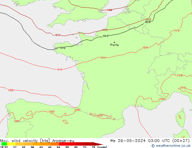 Max. wind velocity Arpege-eu We 29.05.2024 03 UTC