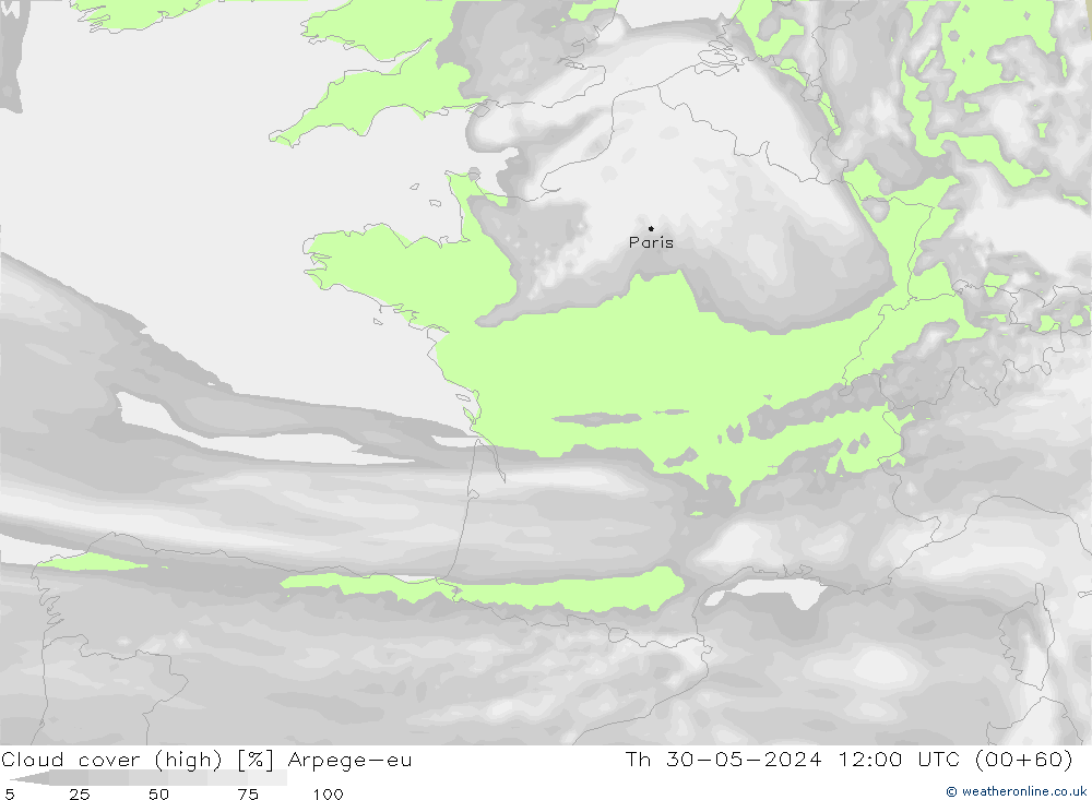 vysoký oblak Arpege-eu Čt 30.05.2024 12 UTC