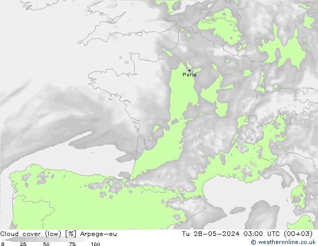 Cloud cover (low) Arpege-eu Tu 28.05.2024 03 UTC