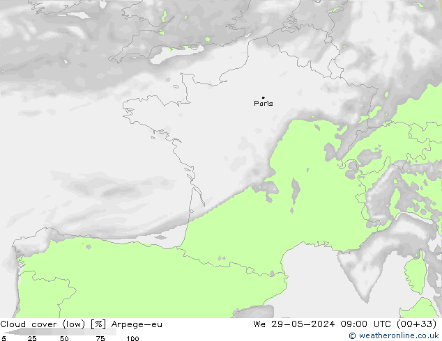 Cloud cover (low) Arpege-eu We 29.05.2024 09 UTC