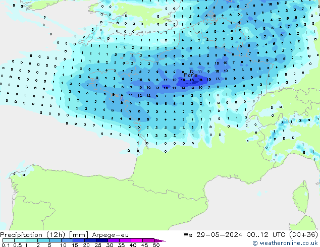 Precipitazione (12h) Arpege-eu mer 29.05.2024 12 UTC