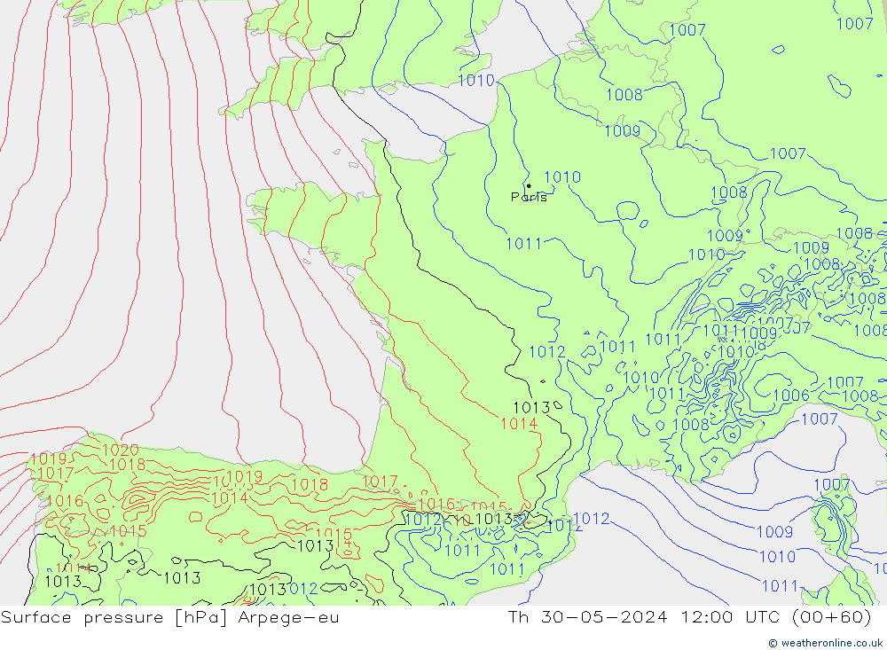 Atmosférický tlak Arpege-eu Čt 30.05.2024 12 UTC