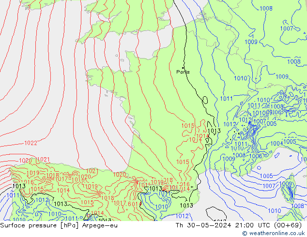 Surface pressure Arpege-eu Th 30.05.2024 21 UTC