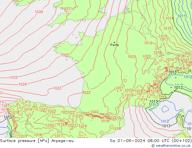 Atmosférický tlak Arpege-eu So 01.06.2024 06 UTC