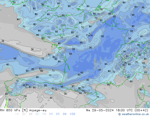 RH 850 hPa Arpege-eu St 29.05.2024 18 UTC