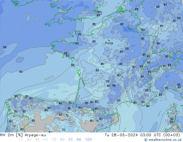 Humidité rel. 2m Arpege-eu mar 28.05.2024 03 UTC