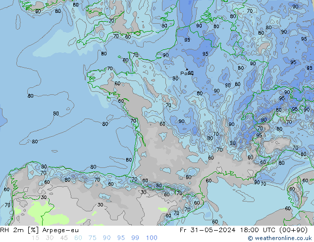 Humidité rel. 2m Arpege-eu ven 31.05.2024 18 UTC