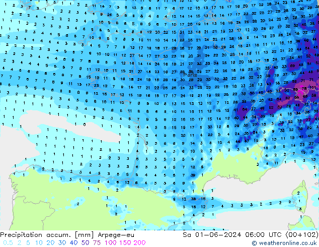 Precipitation accum. Arpege-eu Sáb 01.06.2024 06 UTC