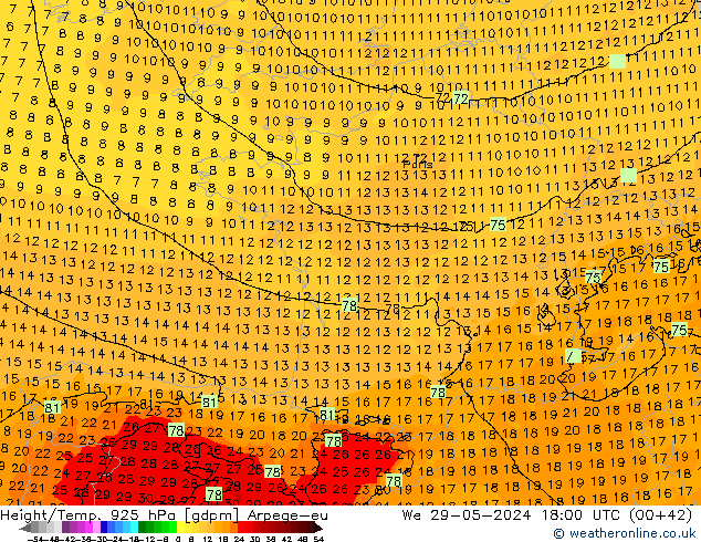 Height/Temp. 925 hPa Arpege-eu St 29.05.2024 18 UTC