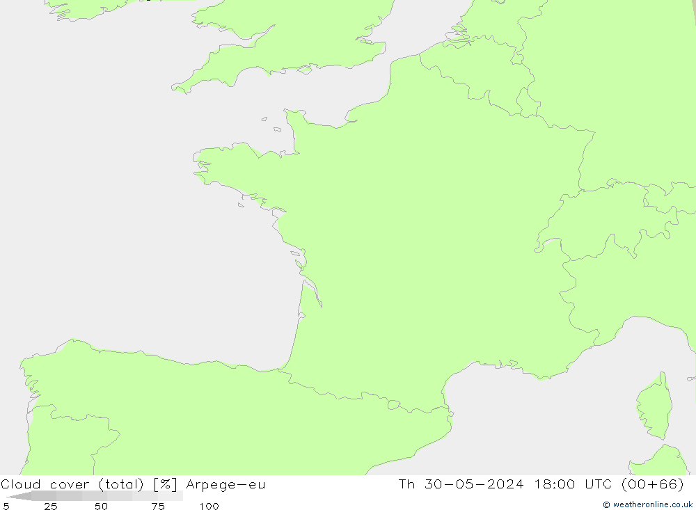 Cloud cover (total) Arpege-eu Th 30.05.2024 18 UTC