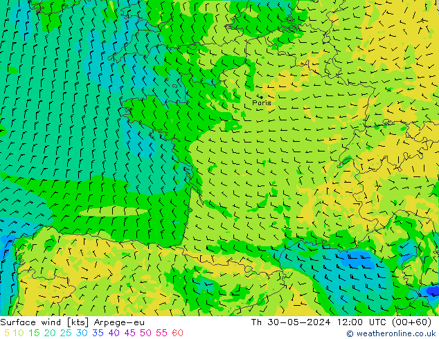 Surface wind Arpege-eu Čt 30.05.2024 12 UTC