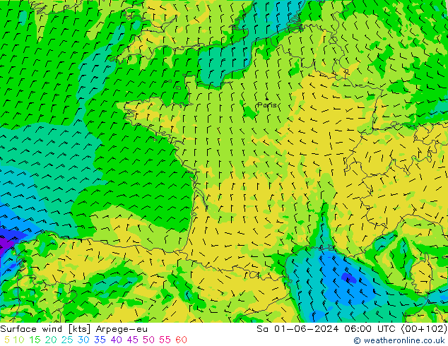 ветер 10 m Arpege-eu сб 01.06.2024 06 UTC