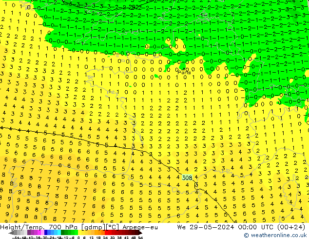 Height/Temp. 700 hPa Arpege-eu Mi 29.05.2024 00 UTC