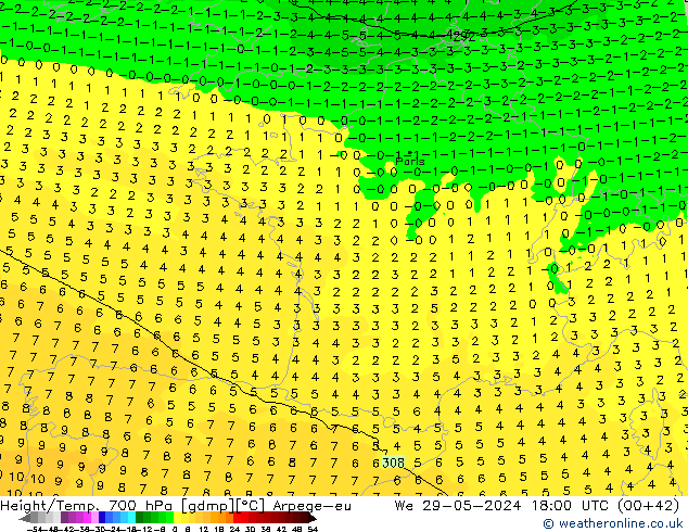 Height/Temp. 700 hPa Arpege-eu We 29.05.2024 18 UTC