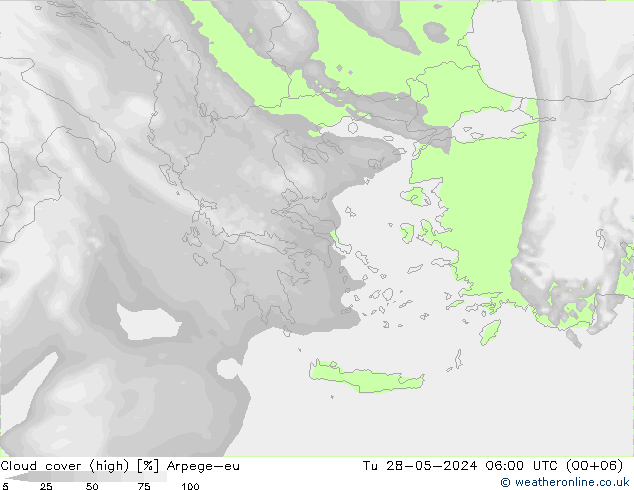 Cloud cover (high) Arpege-eu Tu 28.05.2024 06 UTC