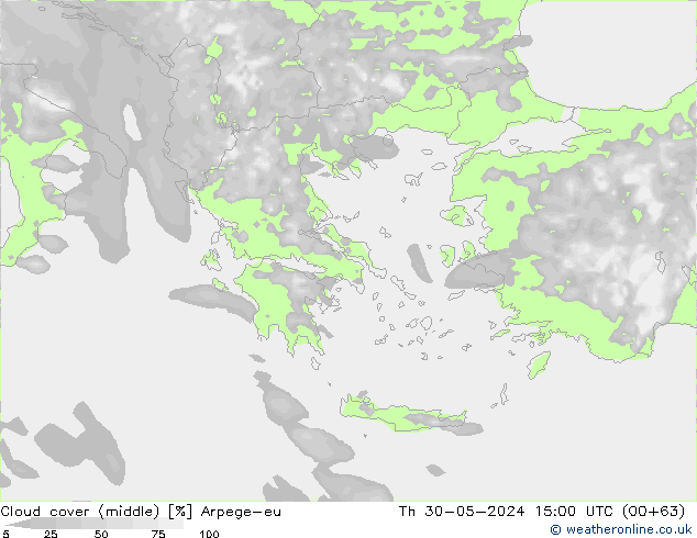 Cloud cover (middle) Arpege-eu Th 30.05.2024 15 UTC