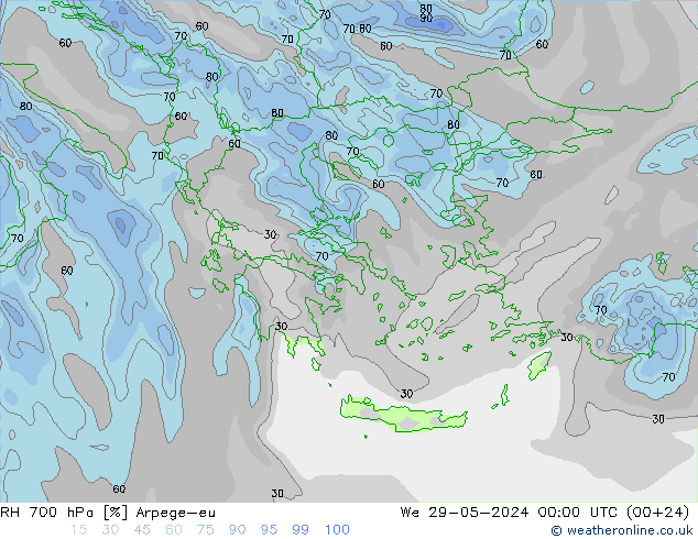 RH 700 hPa Arpege-eu mer 29.05.2024 00 UTC