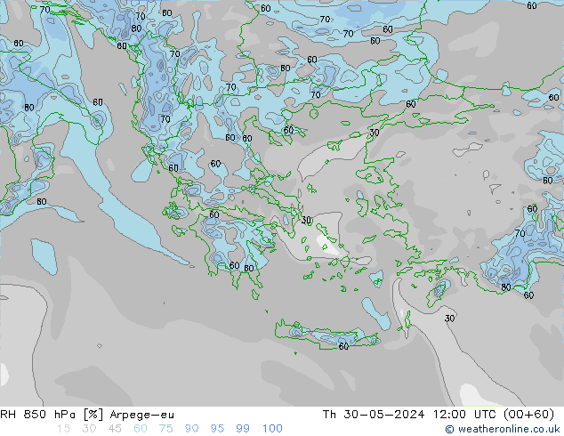 RH 850 hPa Arpege-eu Th 30.05.2024 12 UTC