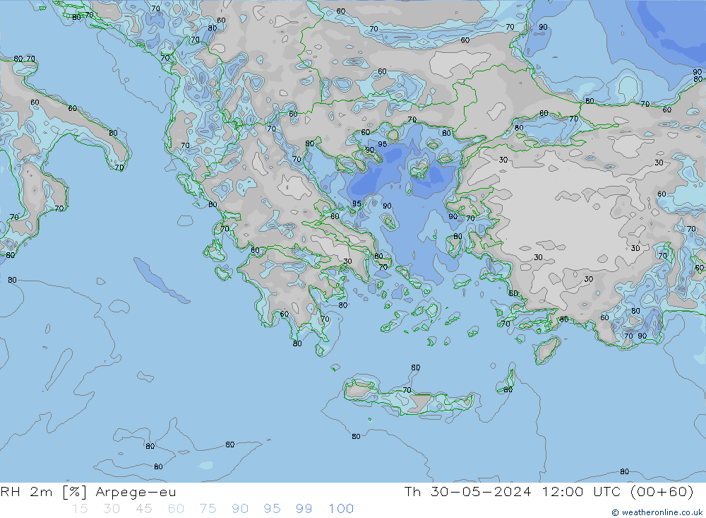 Humedad rel. 2m Arpege-eu jue 30.05.2024 12 UTC