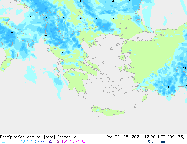 Précipitation accum. Arpege-eu mer 29.05.2024 12 UTC