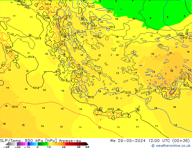 SLP/Temp. 850 гПа Arpege-eu ср 29.05.2024 12 UTC