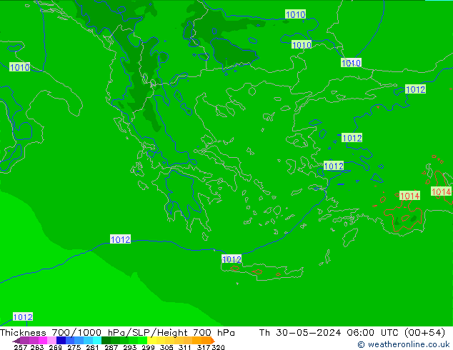 Thck 700-1000 hPa Arpege-eu Qui 30.05.2024 06 UTC