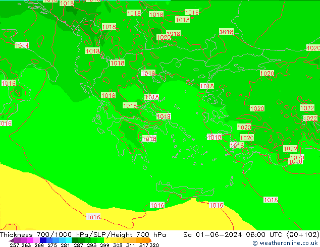 Thck 700-1000 hPa Arpege-eu so. 01.06.2024 06 UTC