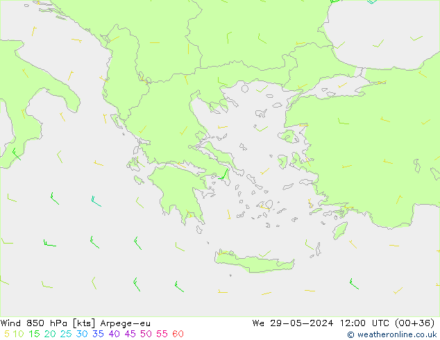 Vent 850 hPa Arpege-eu mer 29.05.2024 12 UTC