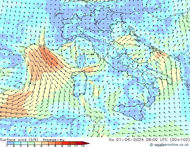 Rüzgar 10 m (bft) Arpege-eu Cts 01.06.2024 06 UTC