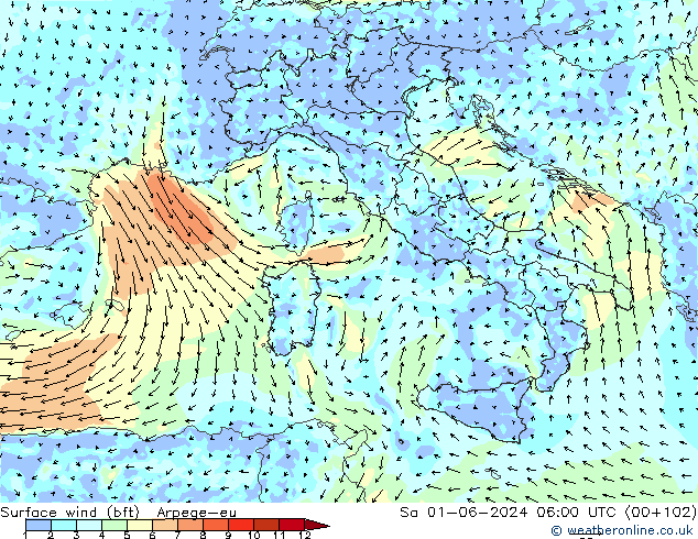 Viento 10 m (bft) Arpege-eu sáb 01.06.2024 06 UTC