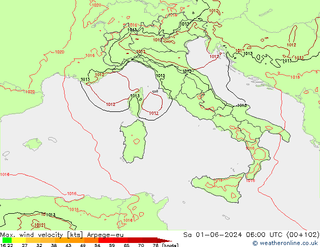 Max. wind velocity Arpege-eu Sa 01.06.2024 06 UTC