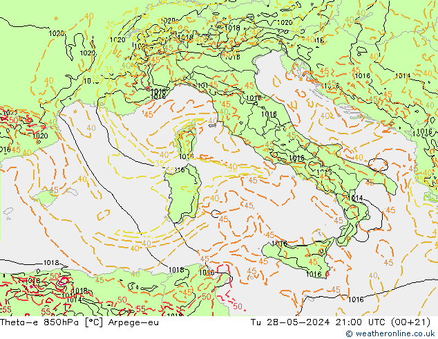 Theta-e 850hPa Arpege-eu Tu 28.05.2024 21 UTC