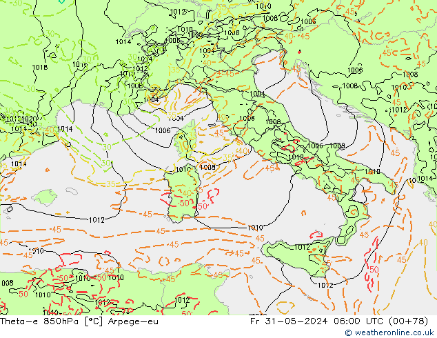 Theta-e 850hPa Arpege-eu ven 31.05.2024 06 UTC