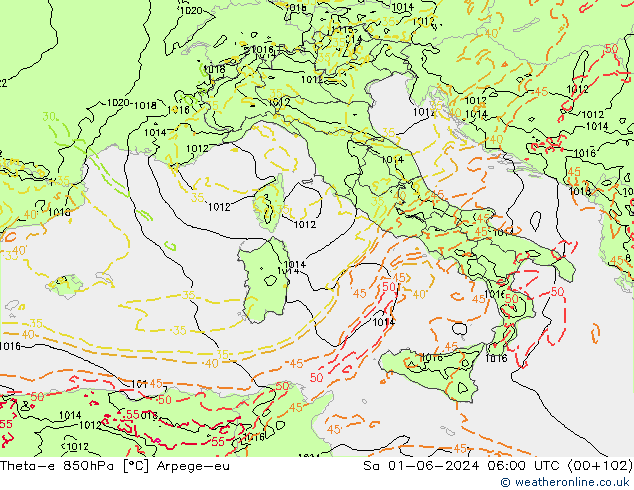 Theta-e 850hPa Arpege-eu Sa 01.06.2024 06 UTC