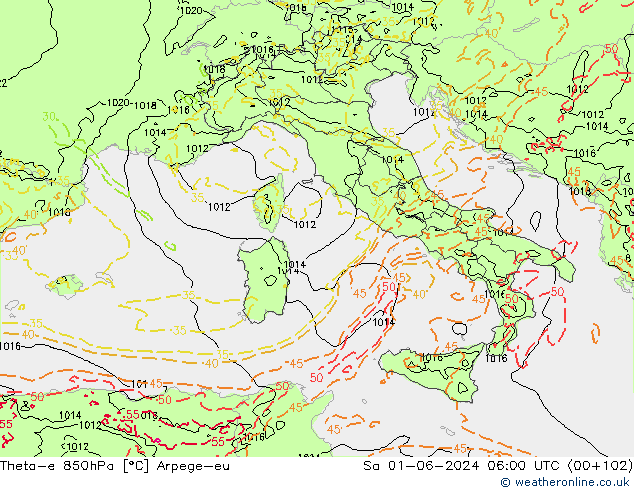 Theta-e 850hPa Arpege-eu So 01.06.2024 06 UTC